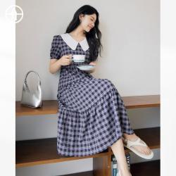 DUIBAI 夏装娃娃领复古格子女式A字中长连衣裙