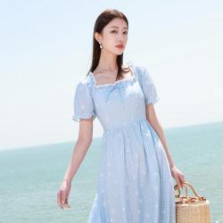 三彩 方领格纹花边连衣裙