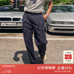 我是大卫 黑色条纹男士直筒西裤日常休闲宽松慵懒男裤港风复古百搭西装裤 深蓝色条纹