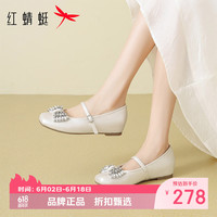 红蜻蜓 女鞋水钻蝴蝶结玛丽珍鞋 轻便一字带粗跟小皮鞋休闲优雅女士单鞋