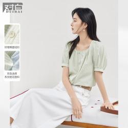 DUIBAI 女式泡泡袖条纹提花方领短袖衬衫