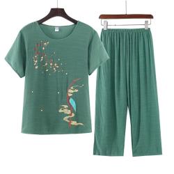 QITA 中老年妈妈套装夏季棉麻舒适简约上衣加裤子两件套装家居服可外穿