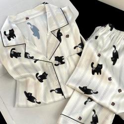 猫人 高级缎面春秋长袖睡衣女轻奢条纹可外穿家居服套装
