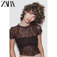 ZARA 2026春夏新品 女装 短袖圆领蕾丝半透明短款上衣