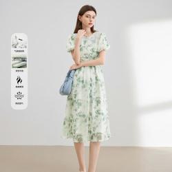 DUIBAI 夏季热卖法式碎花连衣群淑女风蕾丝娃娃领泡泡袖收腰长裙