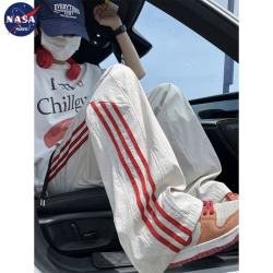 NASA MARVEL 条纹冰丝速干休闲裤子男夏季新款潮流男生宽松直筒阔腿裤运动长裤