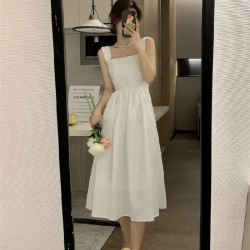 FOURDATRY 法式方领吊带连衣裙夏季女小个子收腰显瘦小众