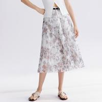 朗姿 女士半身裙 风琴褶a字网纱中长款印花双色夏款