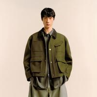 速写 男士翻领毛呢外套 多口袋短款大衣
