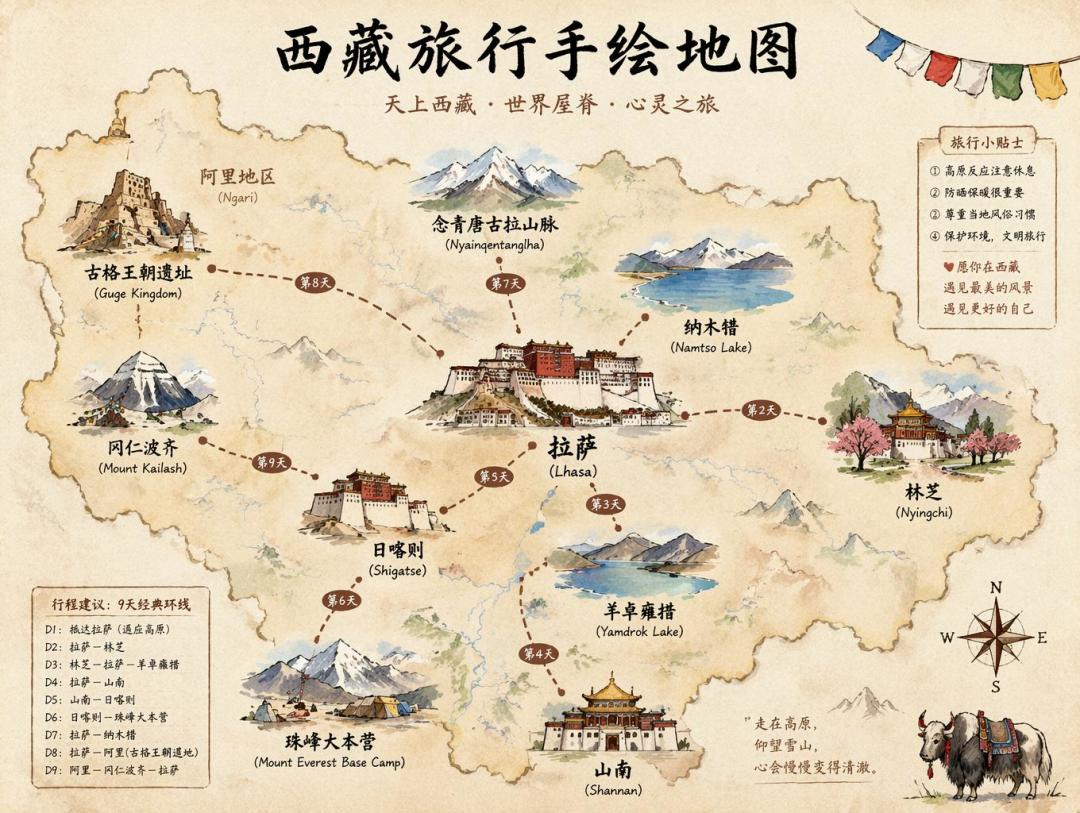 西藏旅行经典路线地图