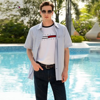 TOMMY HILFIGER/汤米·希尔费格 夏男纯棉正肩平纹针织拼色织带刺绣短袖T恤
