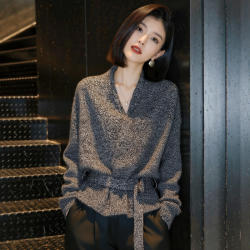 牧诗希 女士慵懒V领毛衣外套系带收腰针织开衫
