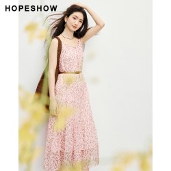 红袖 2026春季新款女装 印花雪纺系带串珠捏褶拼接长款吊带连衣裙