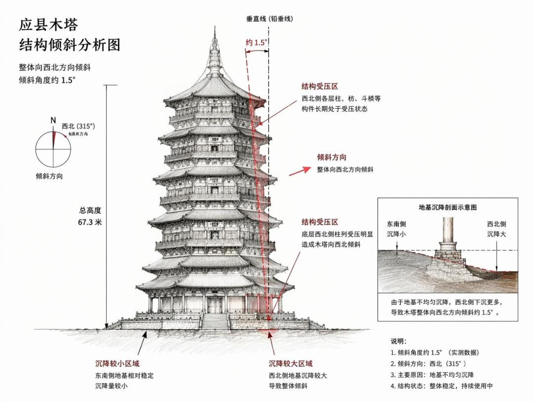 应县木塔倾斜示意