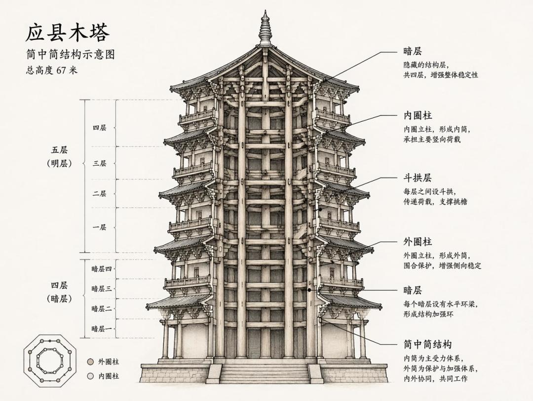 木塔剖面筒中筒结构