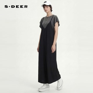 S.DEER/圣迪奥 OL风圆领撞色飞袖针织衫背带裤套装