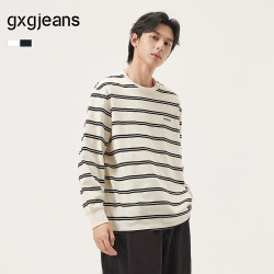 gxgjeans 真五折！美式撞色条纹时尚宽松圆领长袖T恤 黑白条