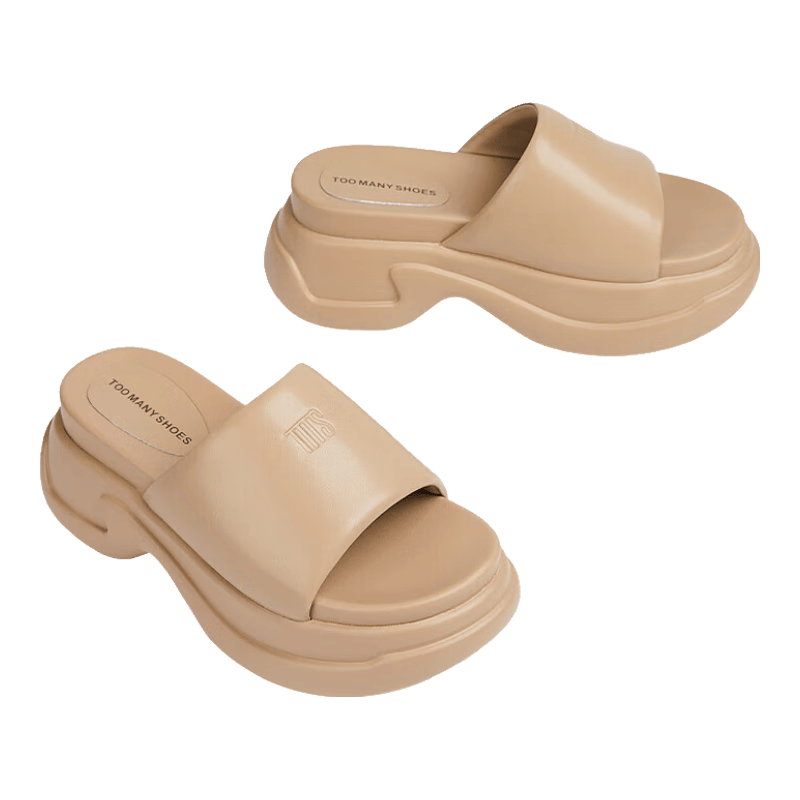 TOOMANYSHOES 豆沙松糕一字拖 厚底增高 卡其色 38码 女士拖鞋
