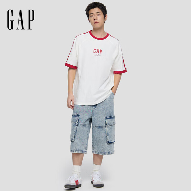 Gap 纯棉logo印花宽松运动短袖T恤 白色 M
