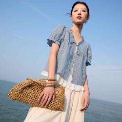 三彩 100棉夏季假两件格纹衬衣小衫花边大码女装衬衫