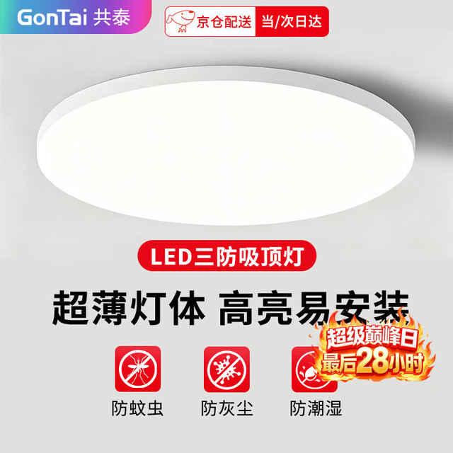 共泰 LED三防灯 防潮防尘防虫吸顶工厂楼梯过道楼道走廊灯超薄智能灯 12W 白光