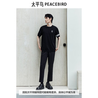PEACEBIRD/太平鸟 B1EEE2114 条纹拼接刺绣短袖T恤 黑色 S