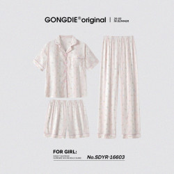 宫蝶 睡衣女三件套夏季可外穿短袖长裤甜美碎花家居服带胸垫 短袖三件套（不可拆卸胸垫）