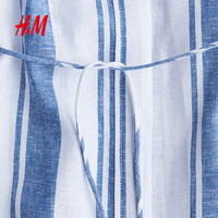 H&M 1294771 亚麻混纺 白色蓝色条纹 L 连衣裙