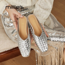 Millie's Millies）2026新款真牛皮编织包头半拖鞋女夏时尚外穿低跟平底包头穆勒拖  黑色