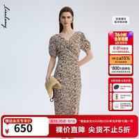 朗姿 女士连衣裙 骐骥红扭结V领油画碎花裙