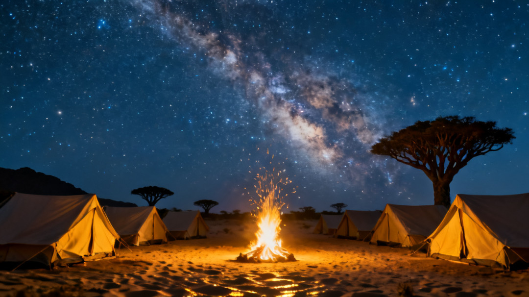 索科特拉生态营地星空下的帐篷和篝火