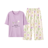 三枪 新疆棉格纹圆领短袖短裤家居服套装 女款花朵 L