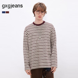 gxgjeans 真五折！美式宽松休闲圆领长袖T恤 红灰条