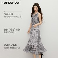 红袖 格纹撞色压褶拼接无袖荡领长款连衣裙