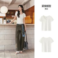 森马 女士短袖T恤 V领半开襟套头衫 正肩紧身纯色 夏季上衣