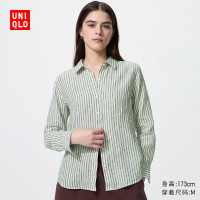 优衣库 法国麻条纹衬衫/长袖女装衬衣483870 06 铅灰色