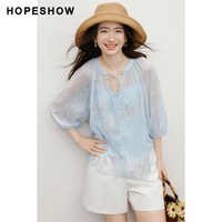 HOPESHOW/红袖 金丝绣花印花双系带插肩灯笼袖上衣两件套