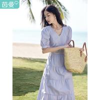 茵曼 纯棉法式气质连衣裙女装2026夏季新品显瘦V领泡袖A字长裙子  1 L