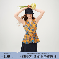范思蓝恩 复古V领交叉围裹格纹无袖衬衫26夏新款扭结收腰衬衣2148 活力橙 XS