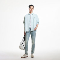 JACK&JONES/杰克琼斯 NBA联名刺绣条纹纯棉短袖衬衫 漫航蓝色 M