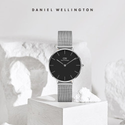 Daniel Wellington 32mm银边黑盘银色钢带-DW162