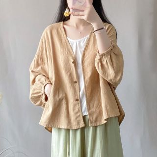 冰悦希 棉麻提花蝙蝠袖长袖衬衫