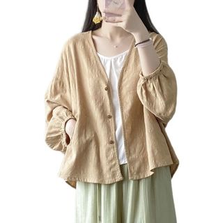 冰悦希 棉麻提花蝙蝠袖长袖衬衫