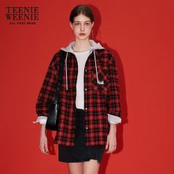 TEENIE WEENIE 小熊 26新款复古学院风潮流格纹撞色连帽衬衫