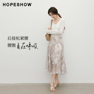 HOPESHOW/红袖 波嬉风印花雪纺松紧腰侧拉链A字半身裙