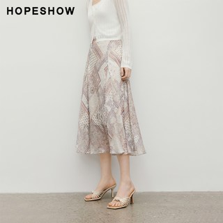 HOPESHOW/红袖 波嬉风印花雪纺松紧腰侧拉链A字半身裙