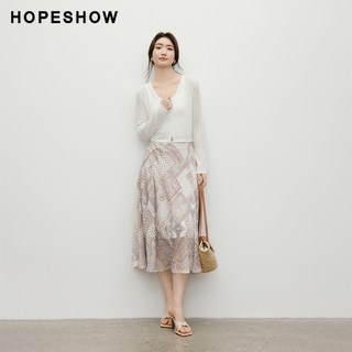HOPESHOW/红袖 波嬉风印花雪纺松紧腰侧拉链A字半身裙