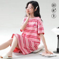 紫色花语 女士睡衣夏季新款睡裙短袖带胸垫秋季款可外穿家居服 粉色 L