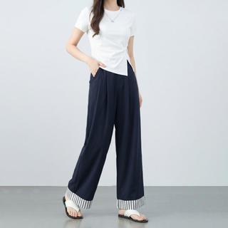 茵曼 撞色条纹拼接直筒裤 女士休闲裤