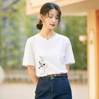 茵曼 女式短袖T恤 国风小鸟 宽松显瘦套头衫